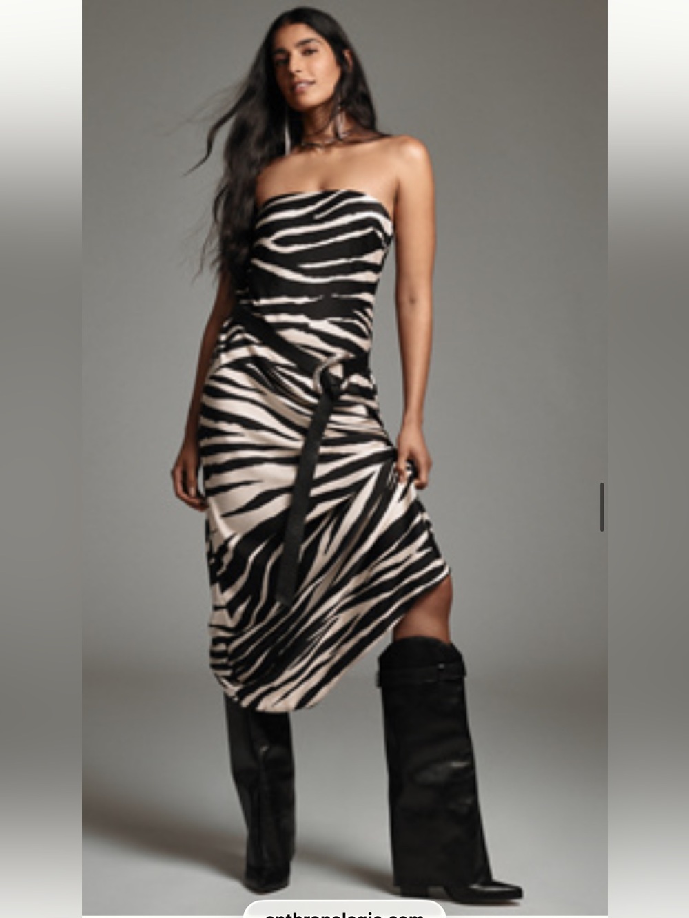 Anthropologie Strapless Black and Cream Zebra-Print Midi Dress
